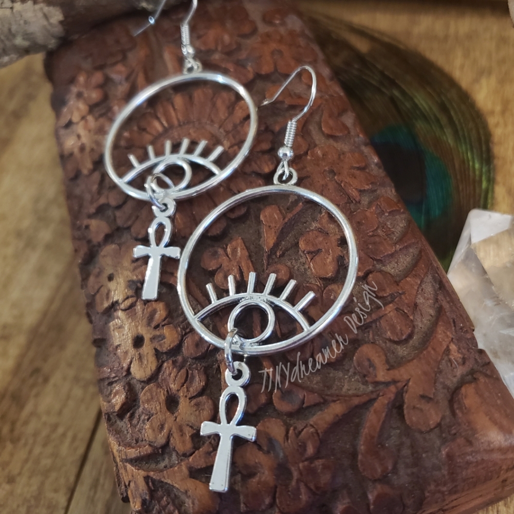 Egyptian Silver Ankh Eye earrings Long Dangling Witchy Protection Earrings Cross